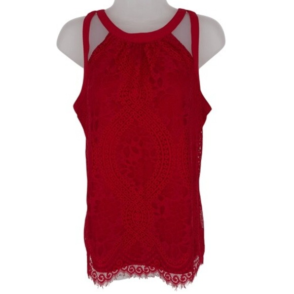 Express Tops - Express Red Lace Halter Tank Top Women's Medium Floral Festival Holiday Elegant